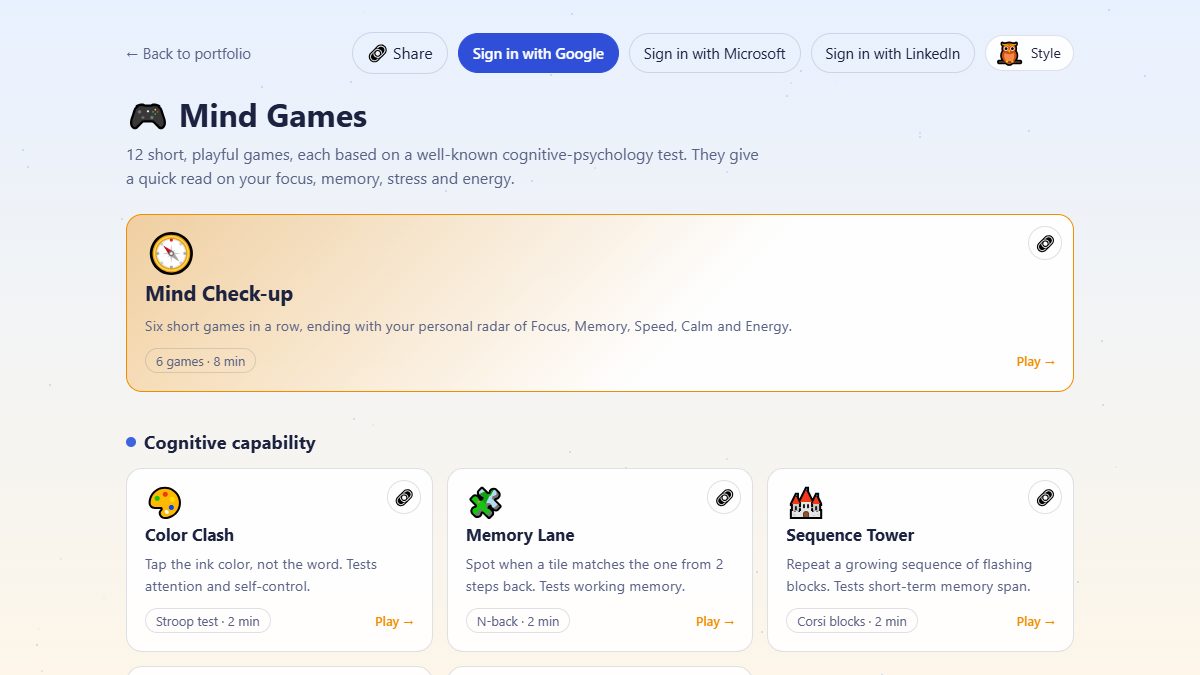 The Mind Games page listing the twelve games in three groups